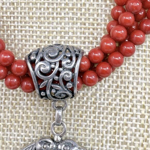 Multi Strand Red Coral and Turquoise Sterling Silver Pendant Statement Necklace - Picture 3 of 11